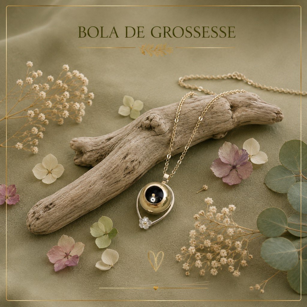 Bola de grossesse dorée posée sur du bois flotté, parmi des fleurs séchées