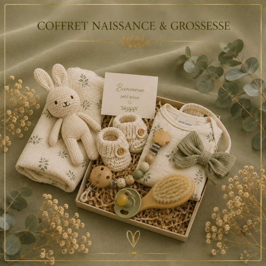 Coffret naissance et grossesse : chaussons, brosse, body, doudou et lange